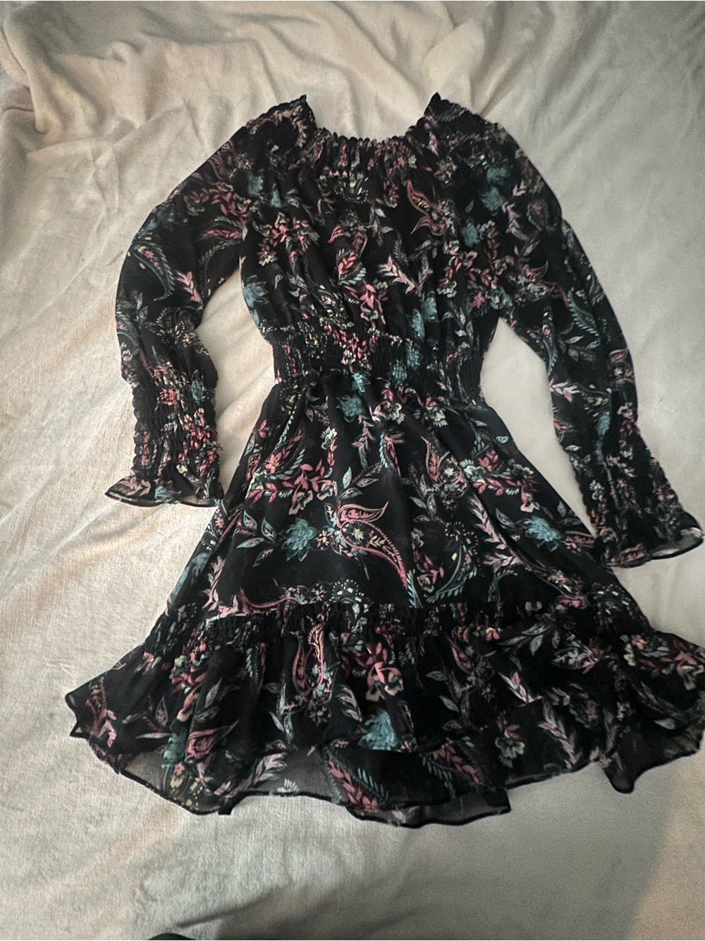 Misa Los Angeles Black Floral Mini Dress with Pink and Teal Print